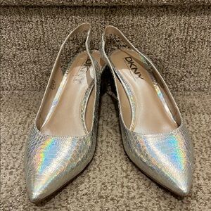 DKNY Iridescent Silver Slingback Heels